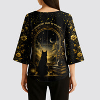 Black Cat Celestial Moon Kimono Sleeve Blouse Mystical Gold Floral Night Sky