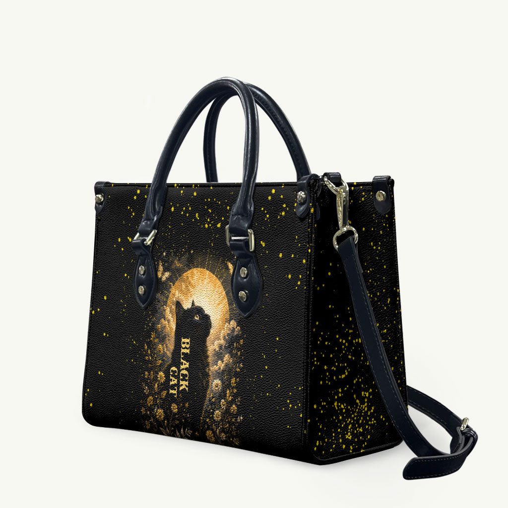 Black Cat Celestial Moon Leather Bag Mystical Gold Floral Night Sky