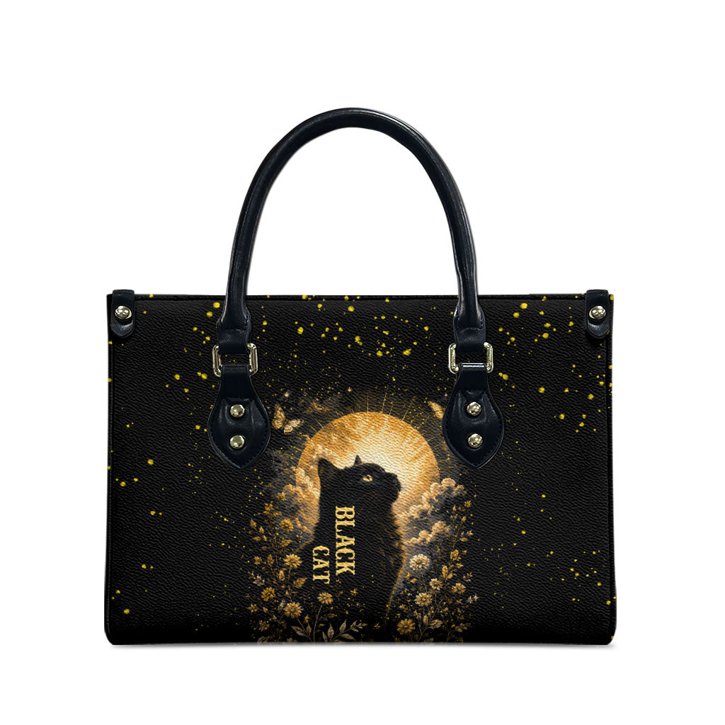 Black Cat Celestial Moon Leather Bag Mystical Gold Floral Night Sky