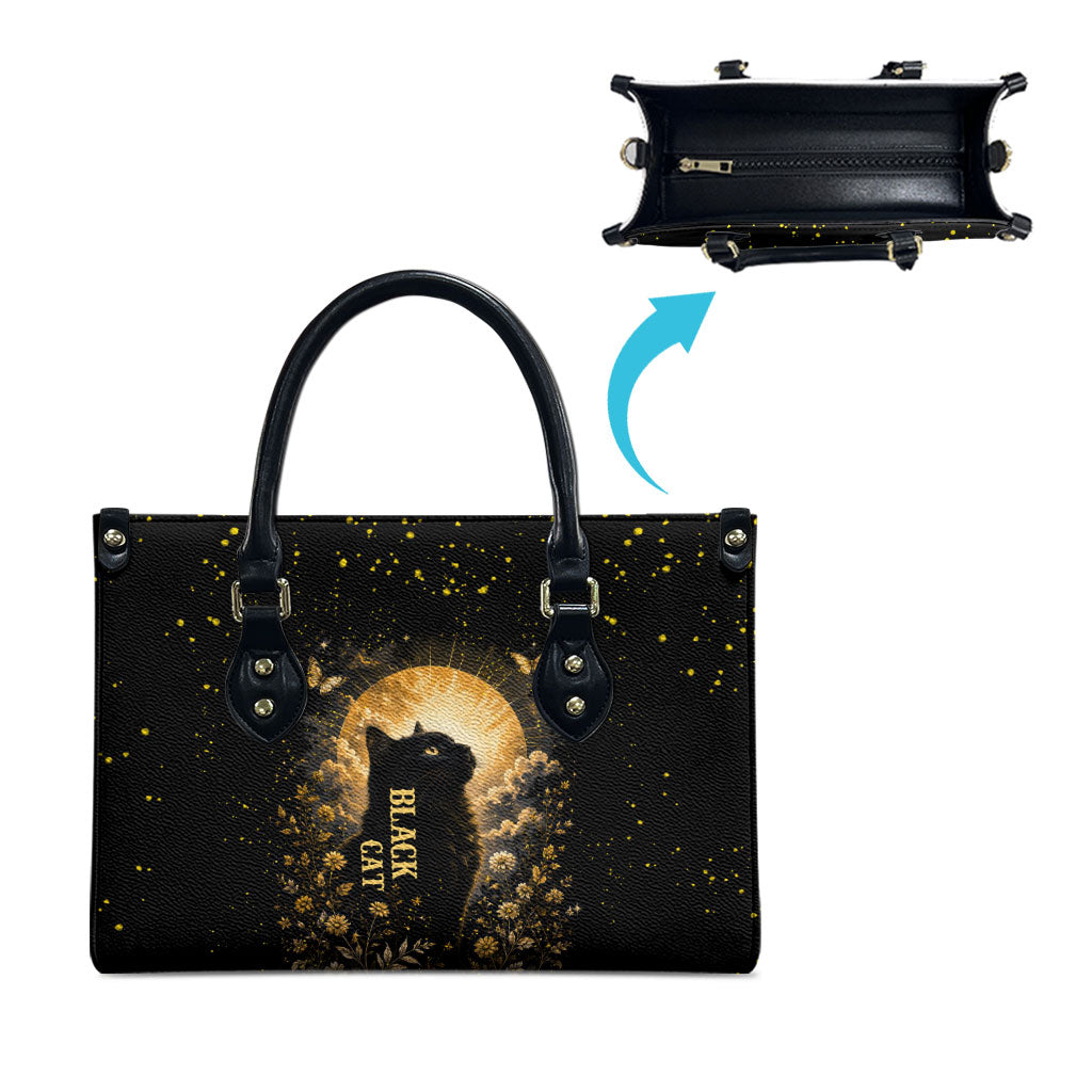 Black Cat Celestial Moon Leather Bag Mystical Gold Floral Night Sky