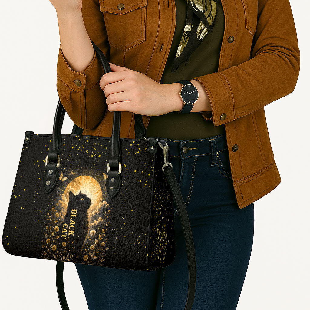 Black Cat Celestial Moon Leather Bag Mystical Gold Floral Night Sky