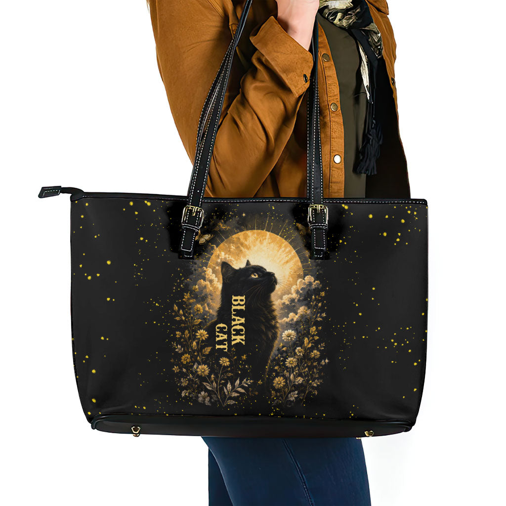 Black Cat Celestial Moon Leather Tote Bag Mystical Gold Floral Night Sky