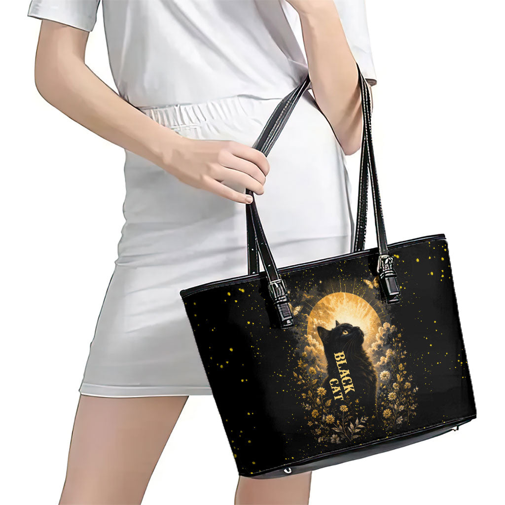 Black Cat Celestial Moon Leather Tote Bag Mystical Gold Floral Night Sky