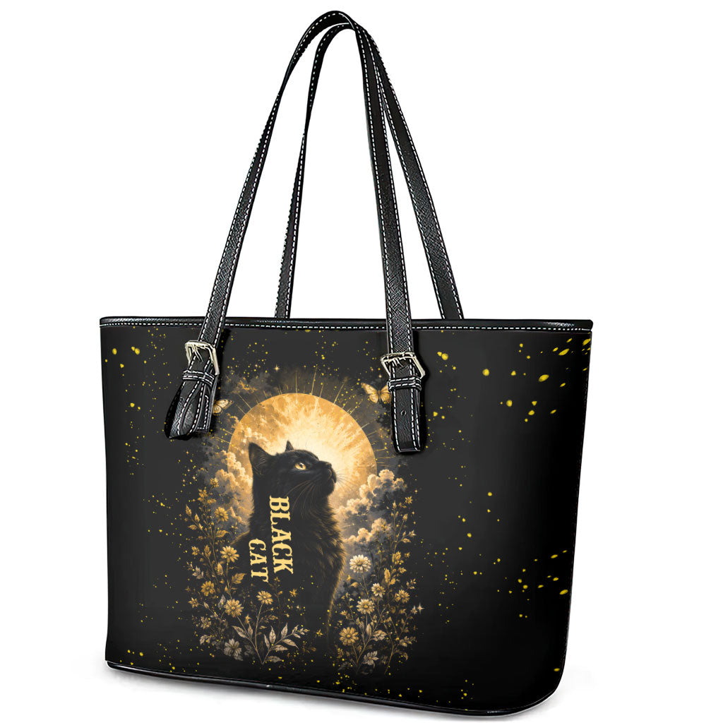 Black Cat Celestial Moon Leather Tote Bag Mystical Gold Floral Night Sky