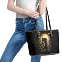 Black Cat Celestial Moon Leather Tote Bag Mystical Gold Floral Night Sky