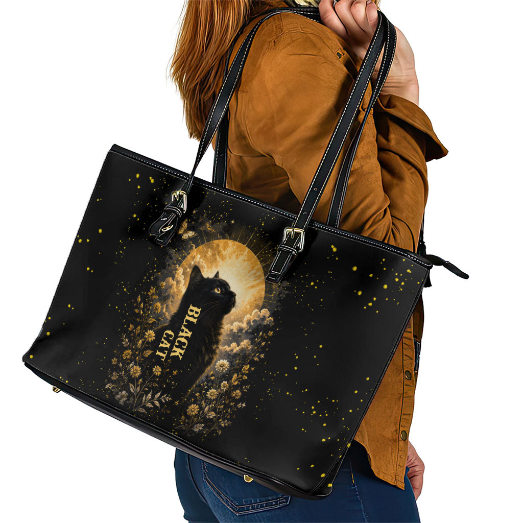 Black Cat Celestial Moon Leather Tote Bag Mystical Gold Floral Night Sky