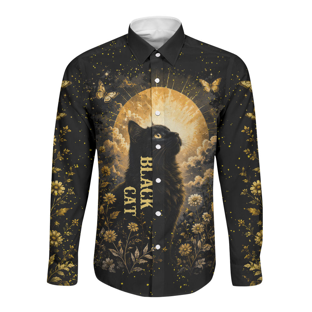 Black Cat Celestial Moon Long Sleeve Button Shirt Mystical Gold Floral Night Sky