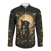 Black Cat Celestial Moon Long Sleeve Button Shirt Mystical Gold Floral Night Sky