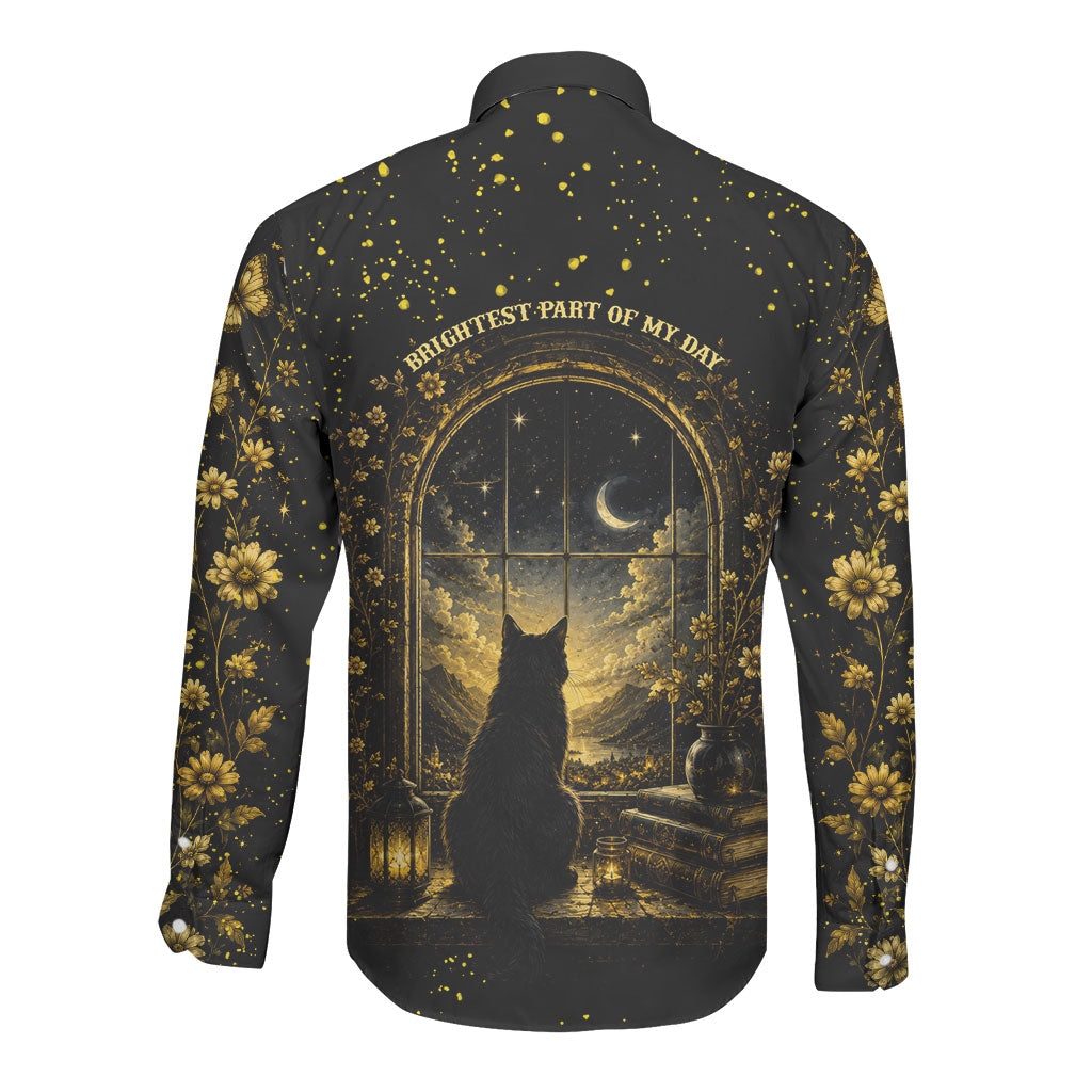 Black Cat Celestial Moon Long Sleeve Button Shirt Mystical Gold Floral Night Sky