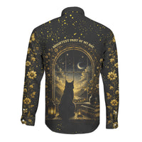 Black Cat Celestial Moon Long Sleeve Button Shirt Mystical Gold Floral Night Sky