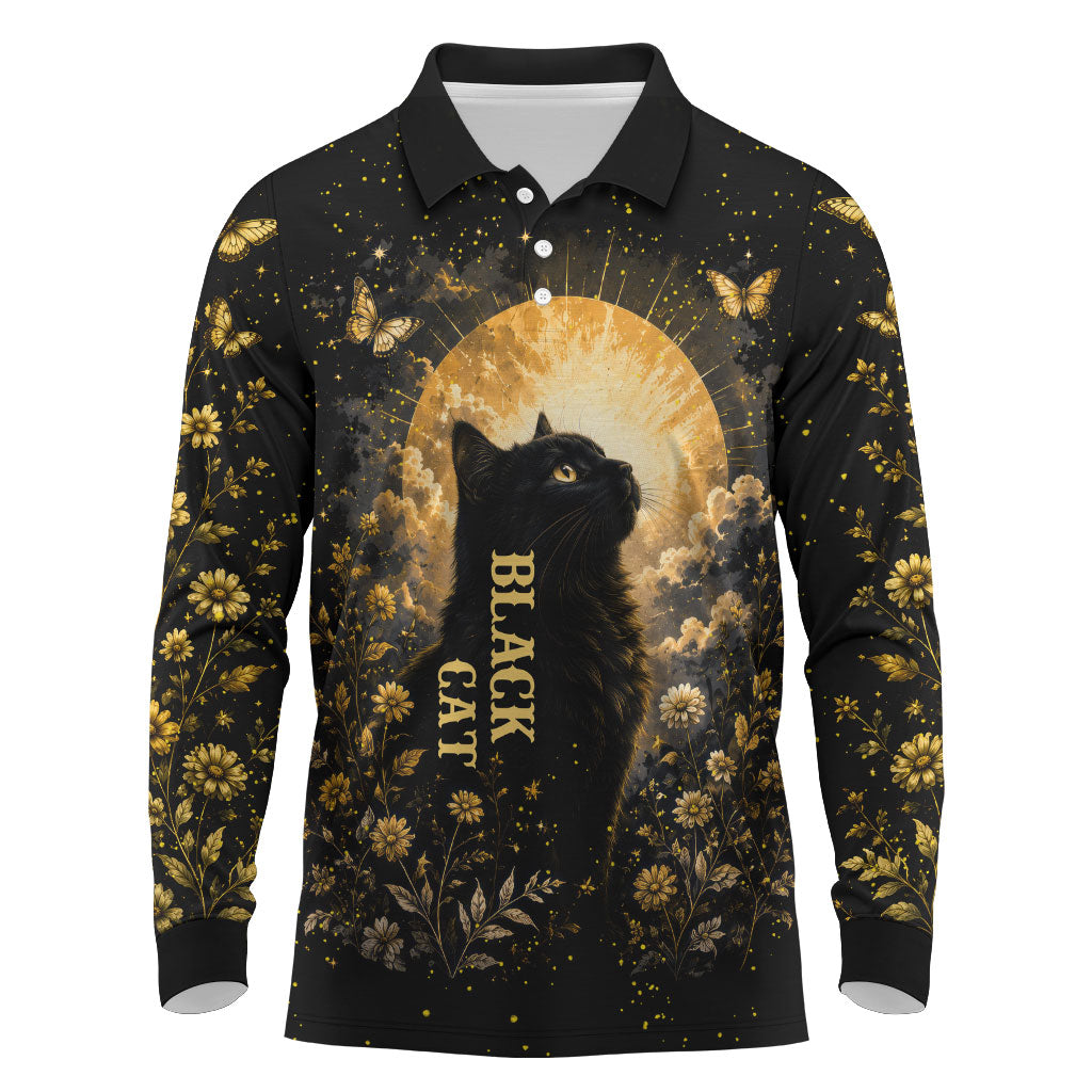 Black Cat Celestial Moon Long Sleeve Polo Shirt Mystical Gold Floral Night Sky