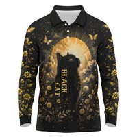 Black Cat Celestial Moon Long Sleeve Polo Shirt Mystical Gold Floral Night Sky