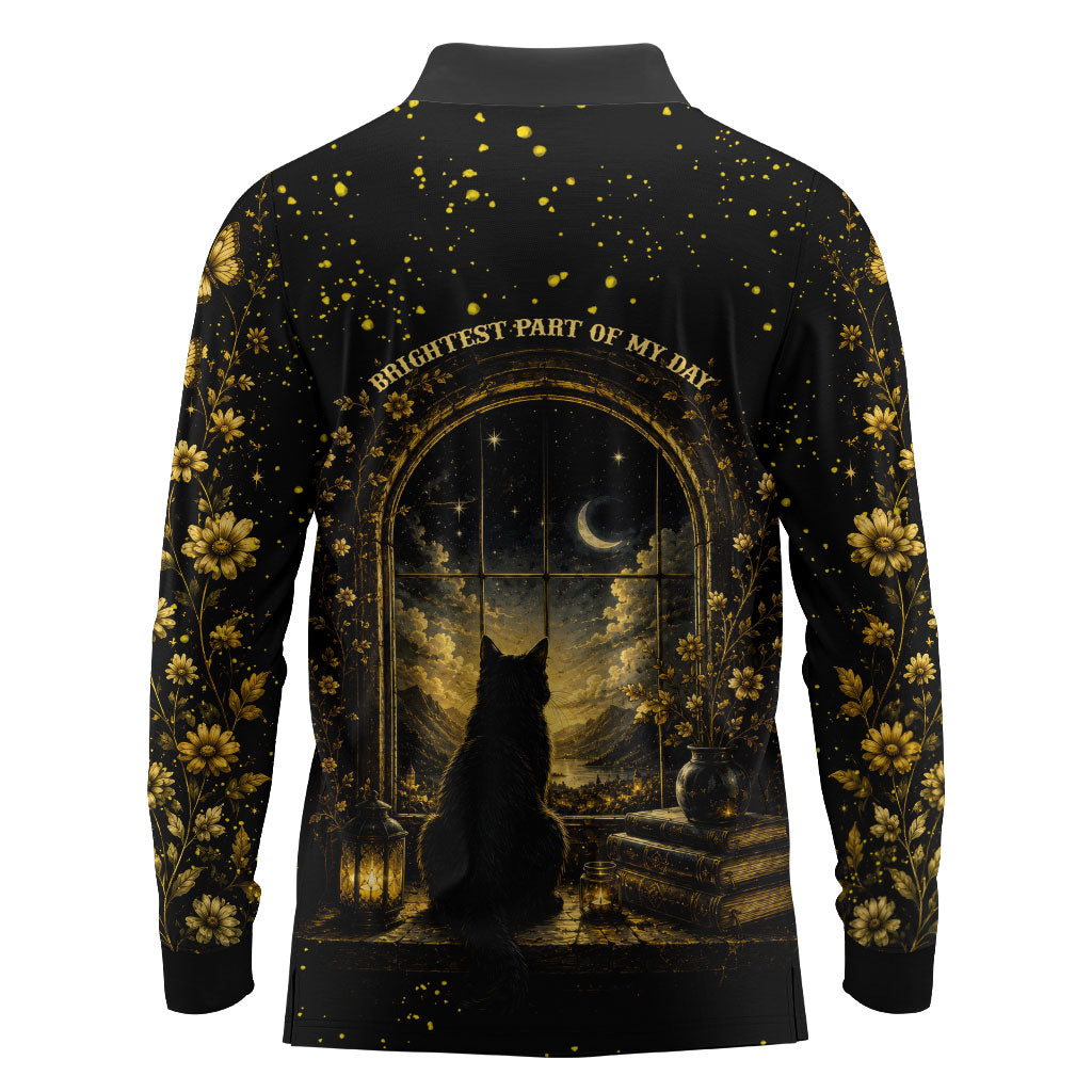 Black Cat Celestial Moon Long Sleeve Polo Shirt Mystical Gold Floral Night Sky