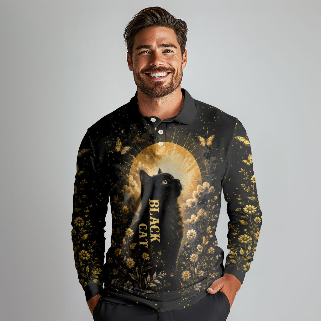Black Cat Celestial Moon Long Sleeve Polo Shirt Mystical Gold Floral Night Sky