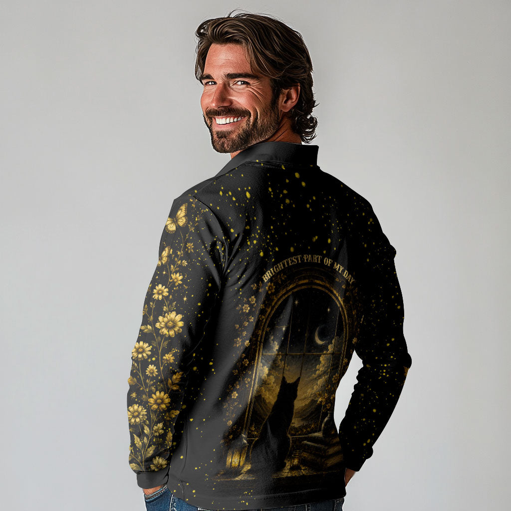 Black Cat Celestial Moon Long Sleeve Polo Shirt Mystical Gold Floral Night Sky