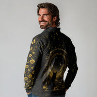 Black Cat Celestial Moon Long Sleeve Polo Shirt Mystical Gold Floral Night Sky
