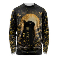 Black Cat Celestial Moon Long Sleeve Shirt Mystical Gold Floral Night Sky