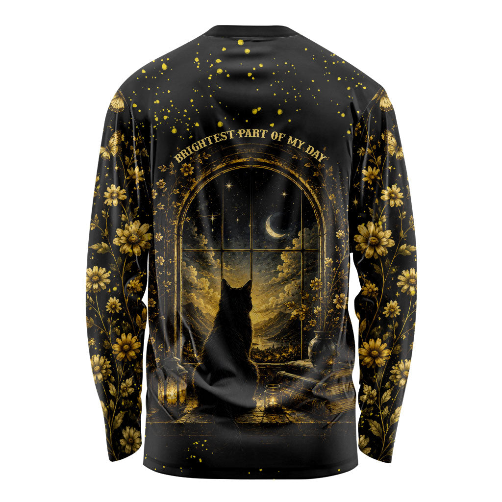 Black Cat Celestial Moon Long Sleeve Shirt Mystical Gold Floral Night Sky