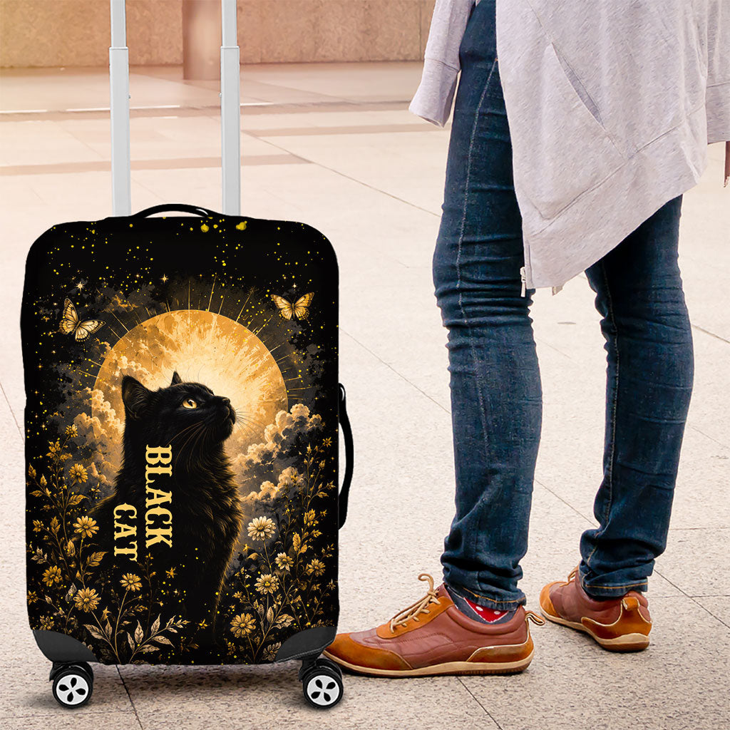 Black Cat Celestial Moon Luggage Cover Mystical Gold Floral Night Sky