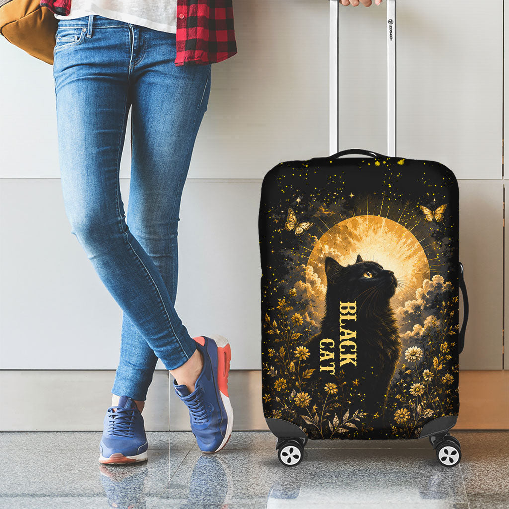 Black Cat Celestial Moon Luggage Cover Mystical Gold Floral Night Sky