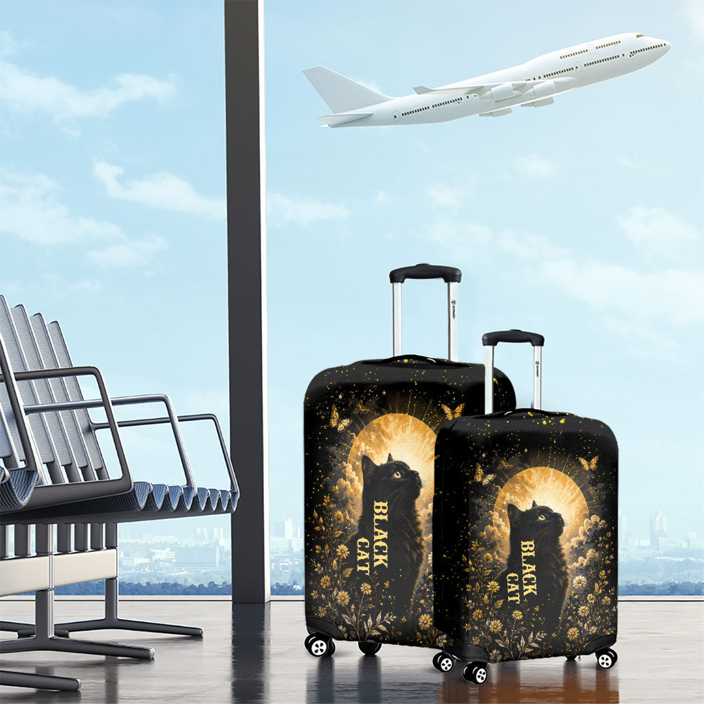 Black Cat Celestial Moon Luggage Cover Mystical Gold Floral Night Sky