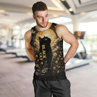 Black Cat Celestial Moon Men Tank Top Mystical Gold Floral Night Sky