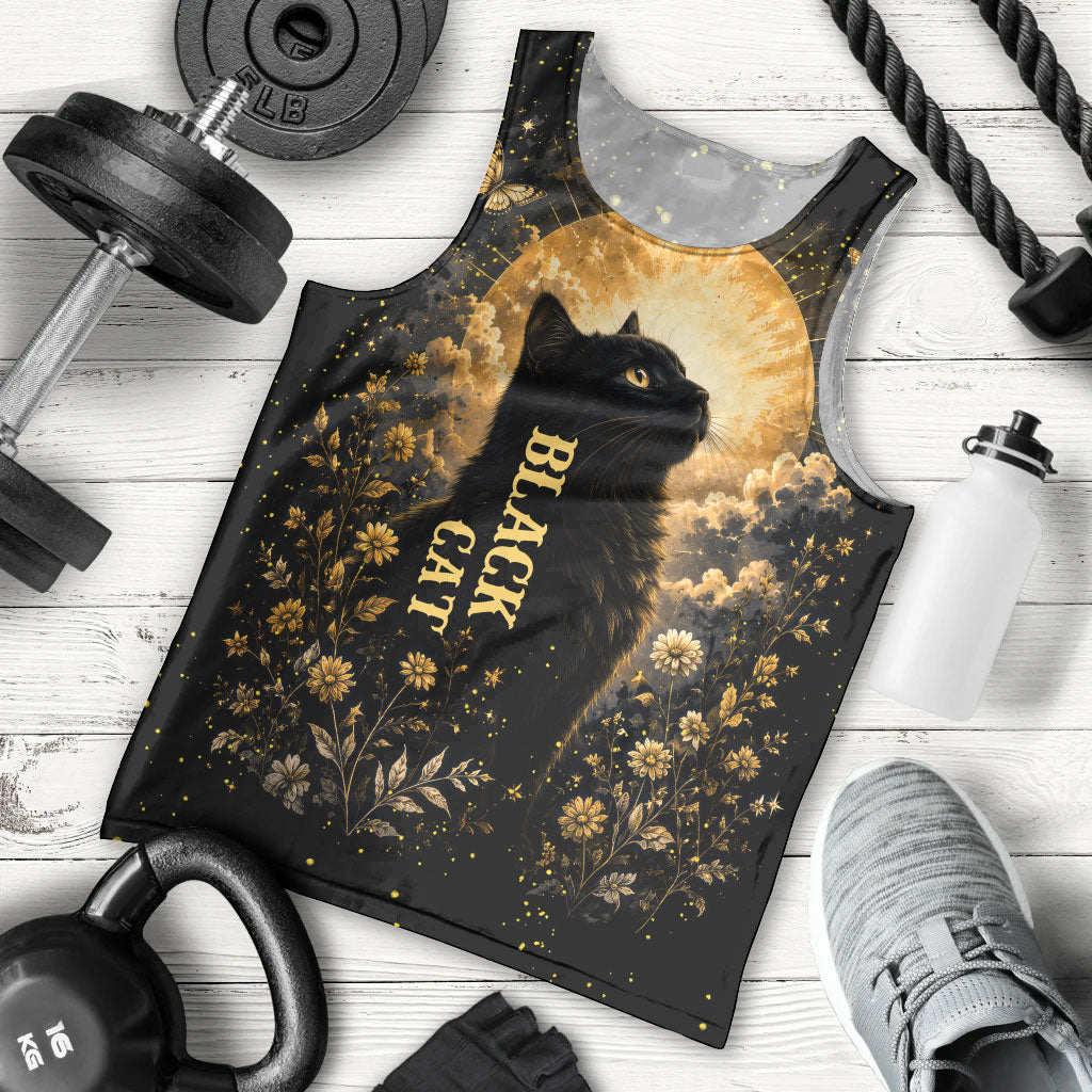 Black Cat Celestial Moon Men Tank Top Mystical Gold Floral Night Sky