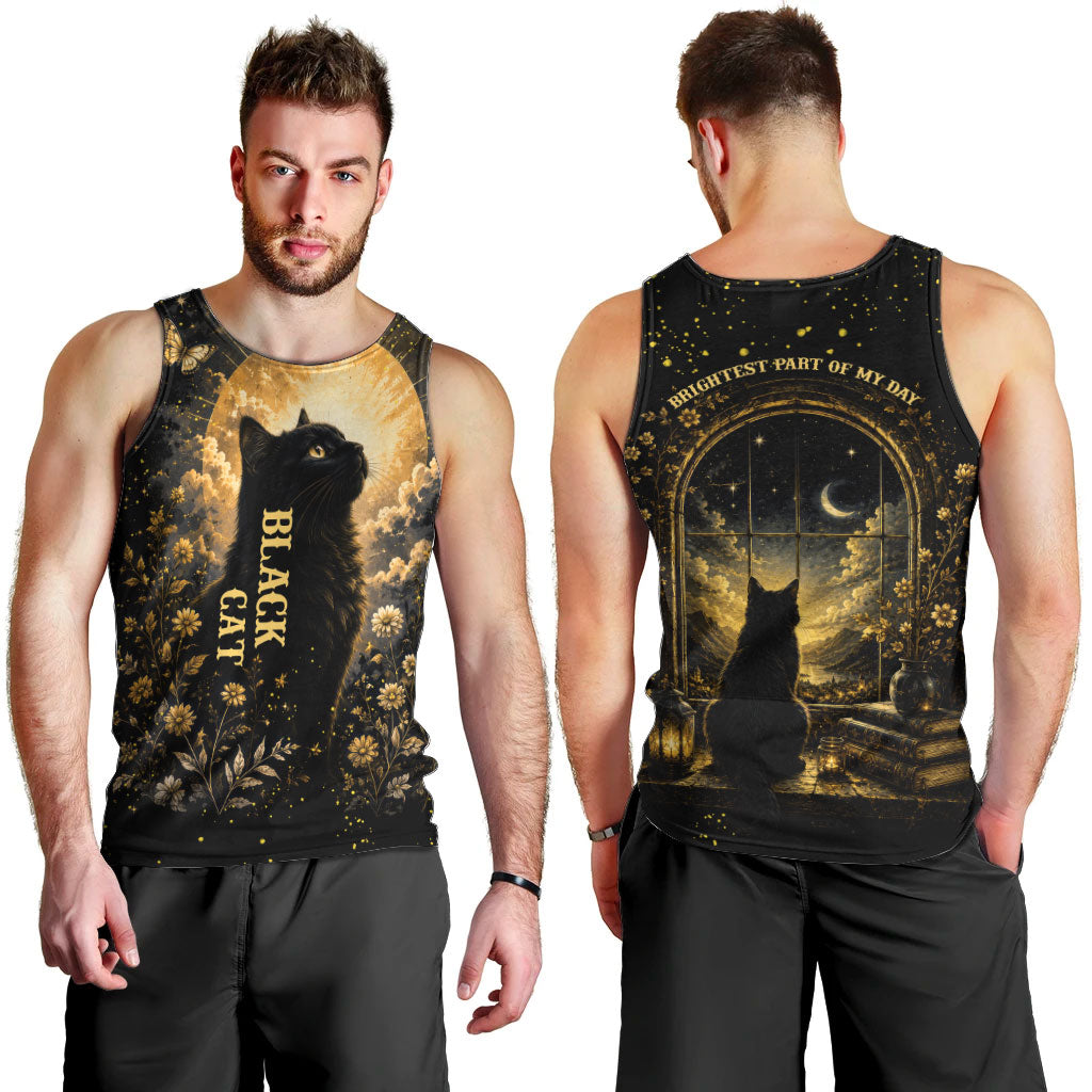 Black Cat Celestial Moon Men Tank Top Mystical Gold Floral Night Sky