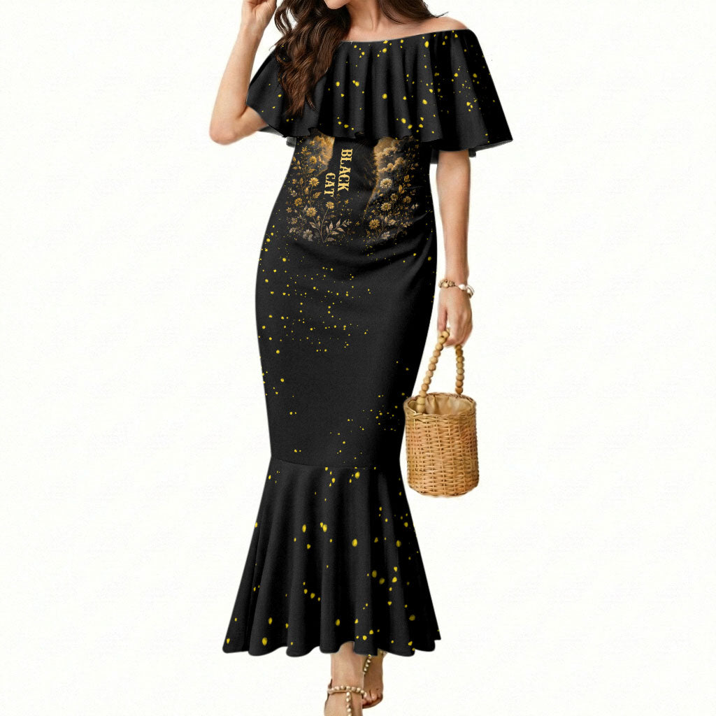 Black Cat Celestial Moon Mermaid Dress Mystical Gold Floral Night Sky