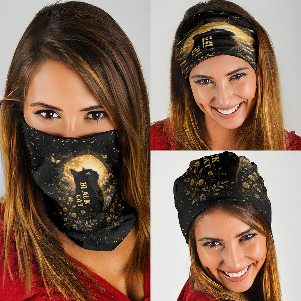 Black Cat Celestial Moon Neck Gaiter Mystical Gold Floral Night Sky