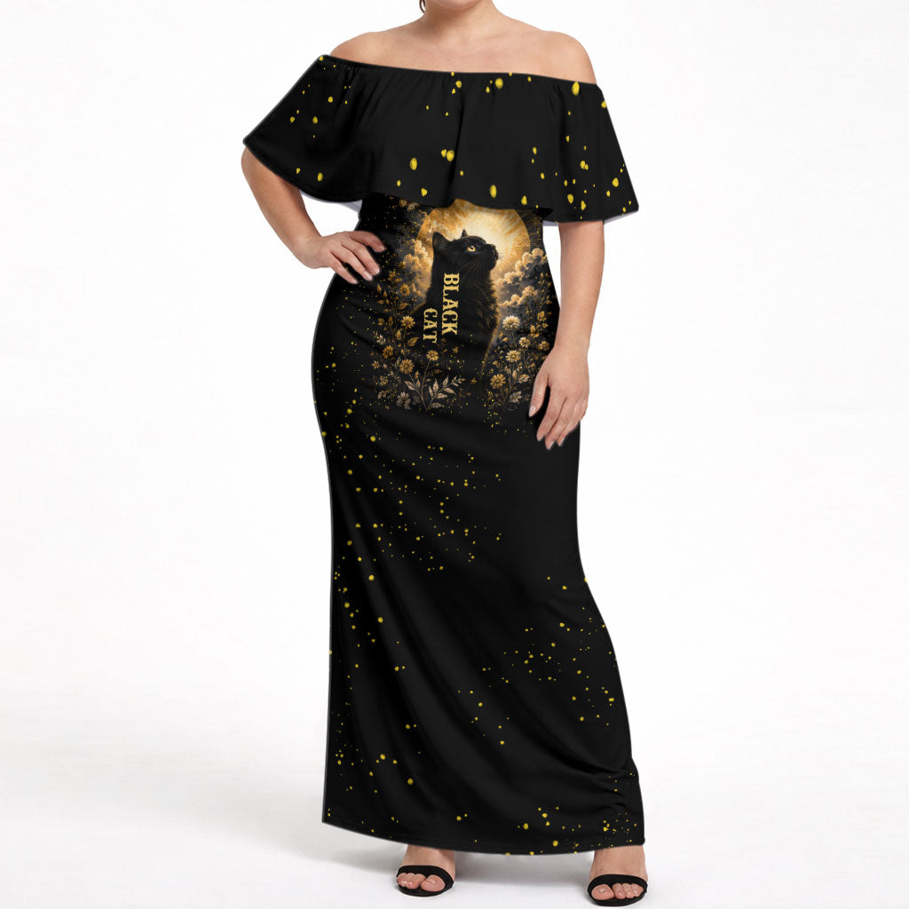 Black Cat Celestial Moon Off Shoulder Maxi Dress Mystical Gold Floral Night Sky