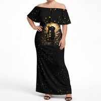 Black Cat Celestial Moon Off Shoulder Maxi Dress Mystical Gold Floral Night Sky
