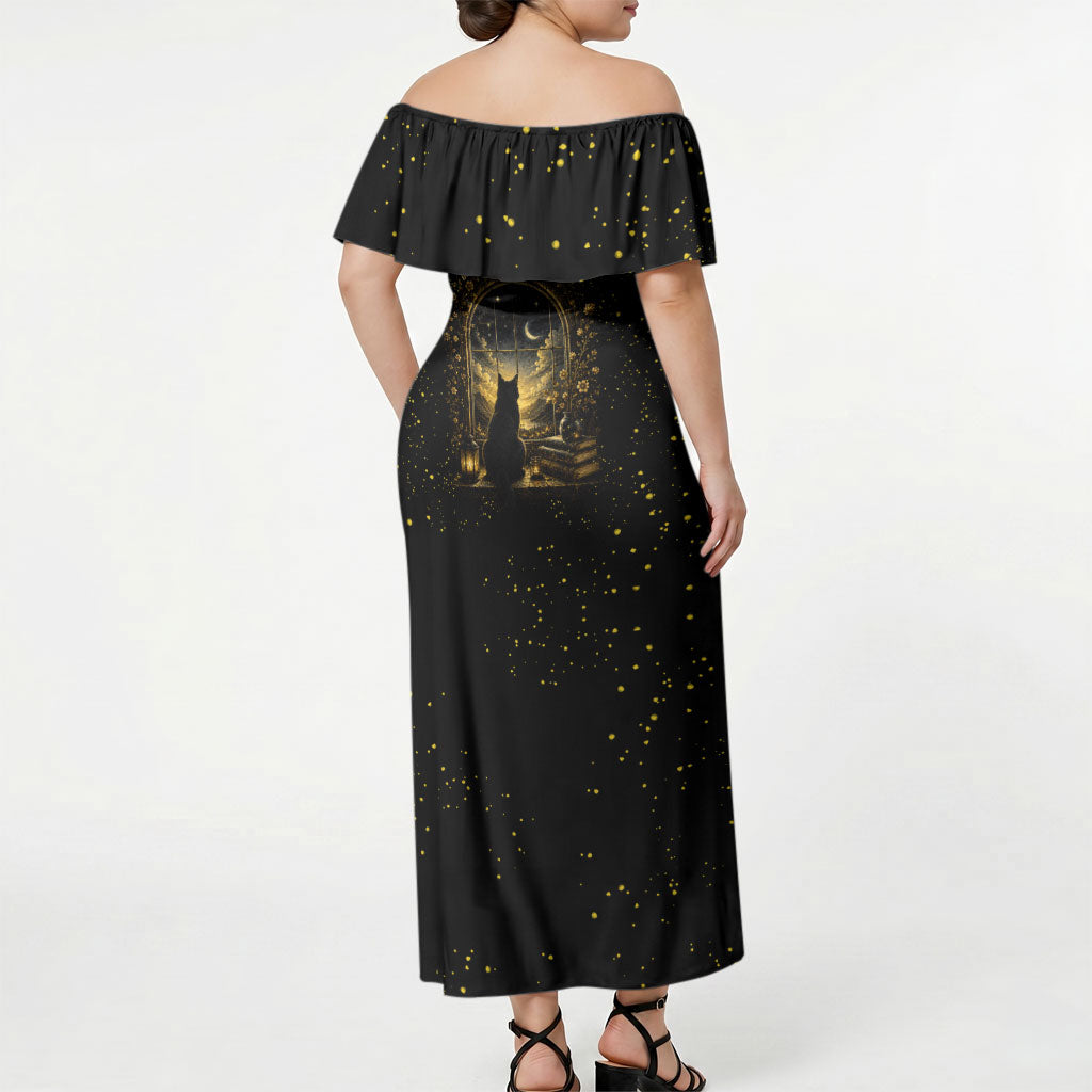 Black Cat Celestial Moon Off Shoulder Maxi Dress Mystical Gold Floral Night Sky
