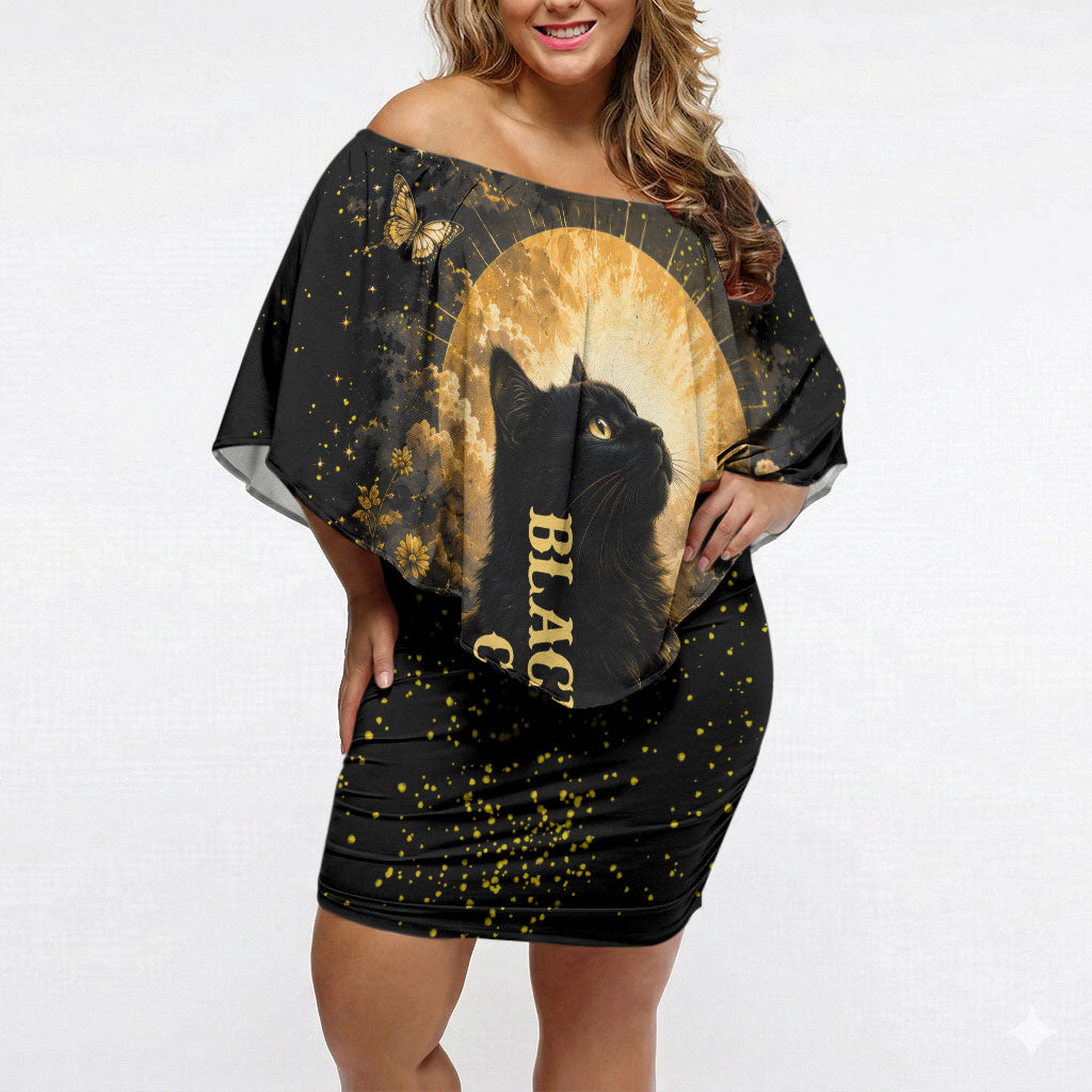 Black Cat Celestial Moon Off Shoulder Short Dress Mystical Gold Floral Night Sky