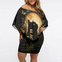 Black Cat Celestial Moon Off Shoulder Short Dress Mystical Gold Floral Night Sky