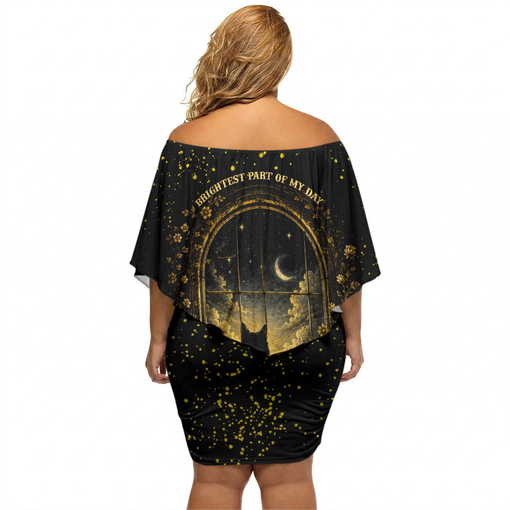 Black Cat Celestial Moon Off Shoulder Short Dress Mystical Gold Floral Night Sky