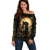 Black Cat Celestial Moon Off Shoulder Sweater Mystical Gold Floral Night Sky