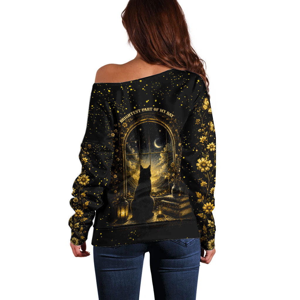 Black Cat Celestial Moon Off Shoulder Sweater Mystical Gold Floral Night Sky