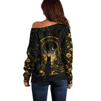 Black Cat Celestial Moon Off Shoulder Sweater Mystical Gold Floral Night Sky