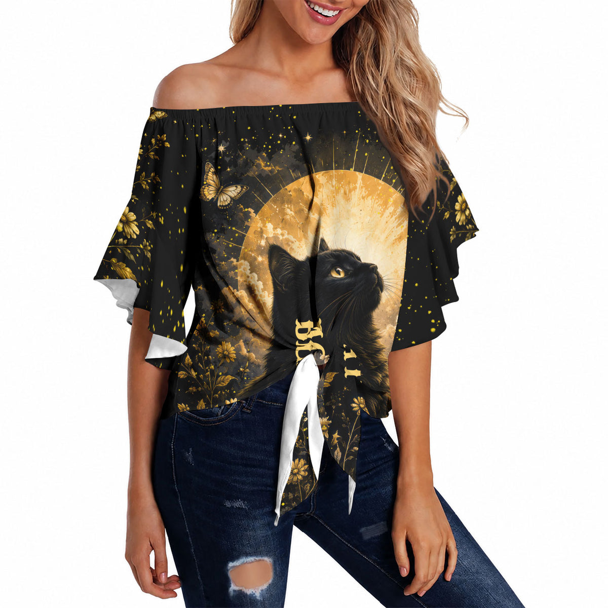 Black Cat Celestial Moon Off Shoulder Wrap Waist Top Mystical Gold Floral Night Sky