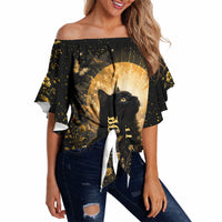 Black Cat Celestial Moon Off Shoulder Wrap Waist Top Mystical Gold Floral Night Sky