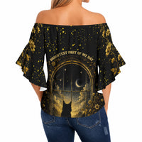 Black Cat Celestial Moon Off Shoulder Wrap Waist Top Mystical Gold Floral Night Sky