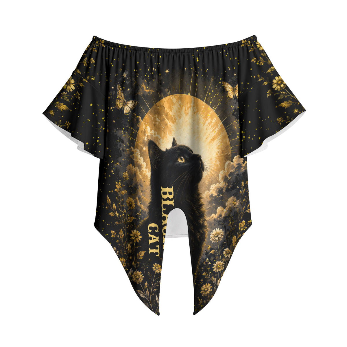 Black Cat Celestial Moon Off Shoulder Wrap Waist Top Mystical Gold Floral Night Sky