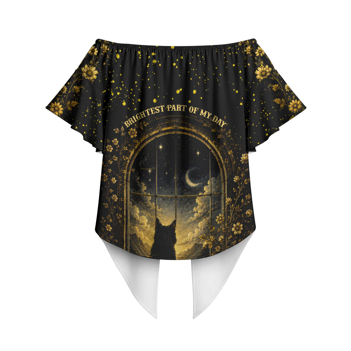 Black Cat Celestial Moon Off Shoulder Wrap Waist Top Mystical Gold Floral Night Sky