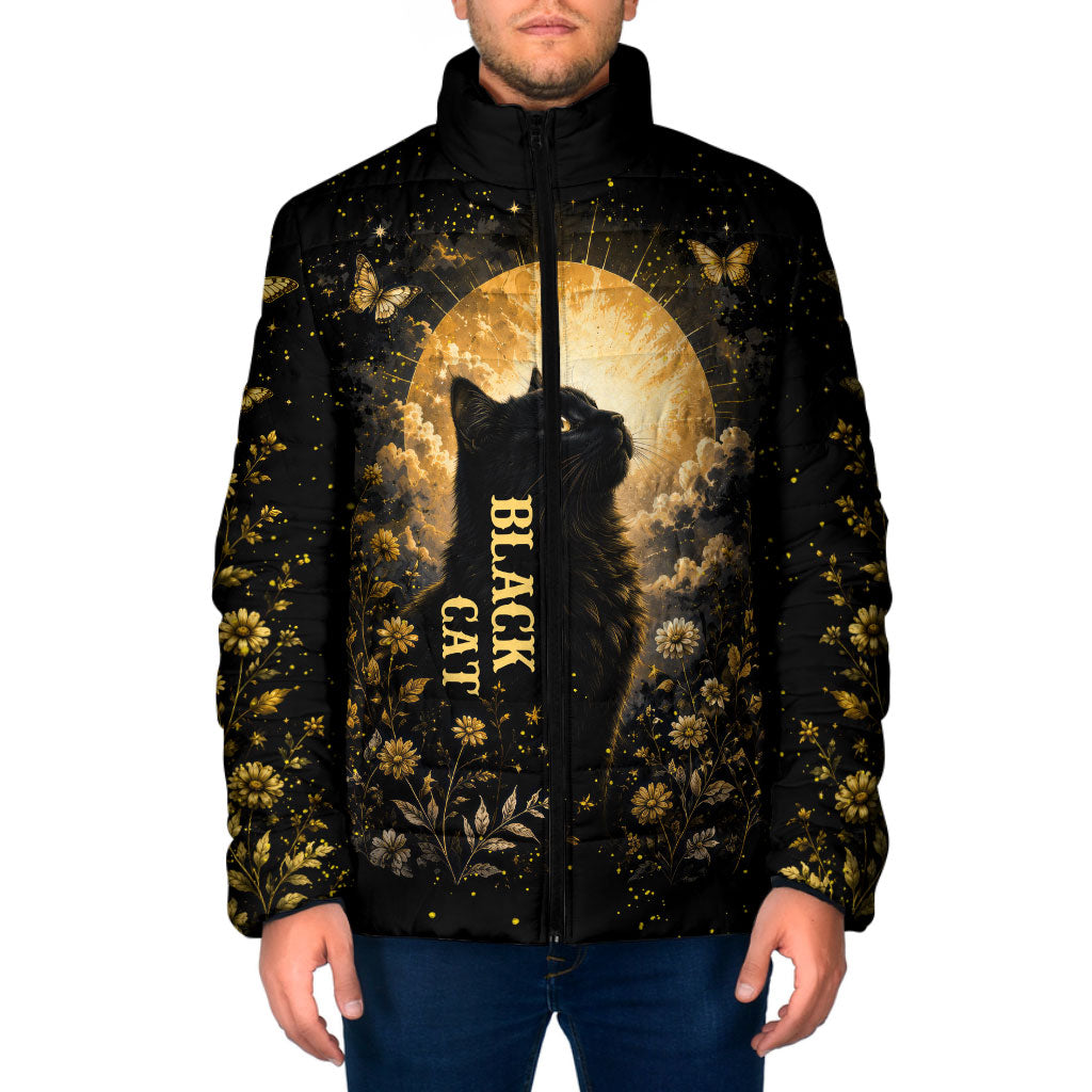 Black Cat Celestial Moon Padded Jacket Mystical Gold Floral Night Sky