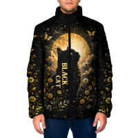 Black Cat Celestial Moon Padded Jacket Mystical Gold Floral Night Sky