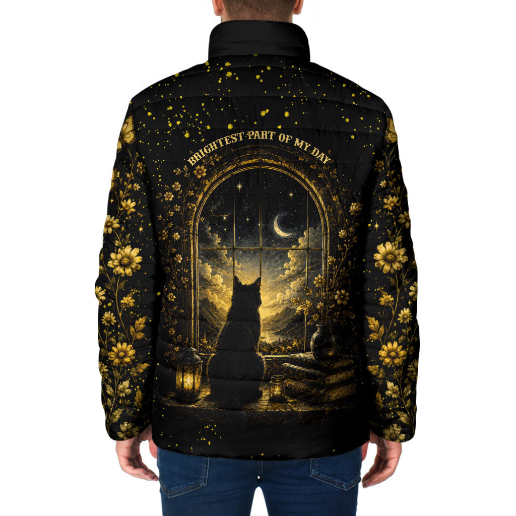 Black Cat Celestial Moon Padded Jacket Mystical Gold Floral Night Sky