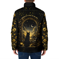 Black Cat Celestial Moon Padded Jacket Mystical Gold Floral Night Sky