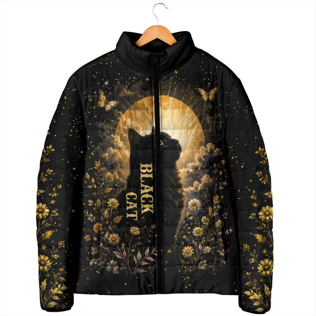 Black Cat Celestial Moon Padded Jacket Mystical Gold Floral Night Sky