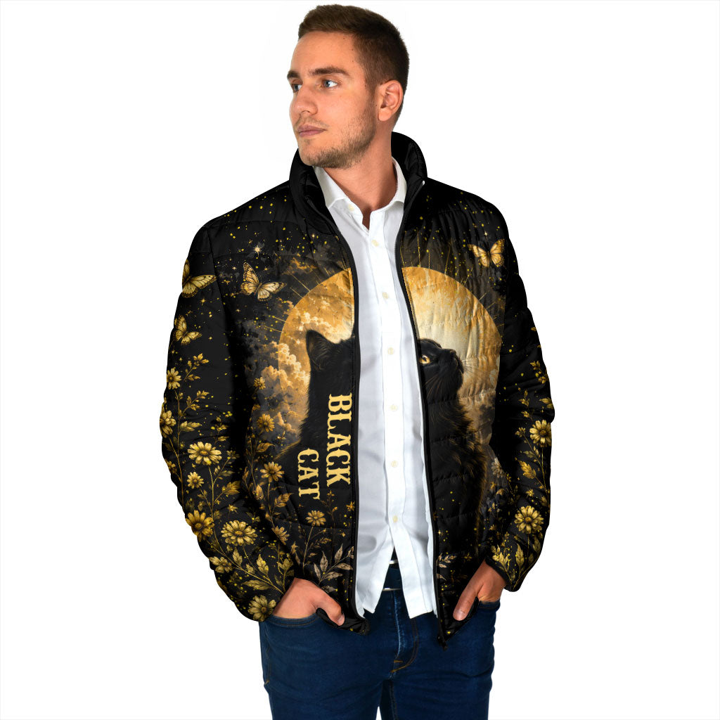 Black Cat Celestial Moon Padded Jacket Mystical Gold Floral Night Sky